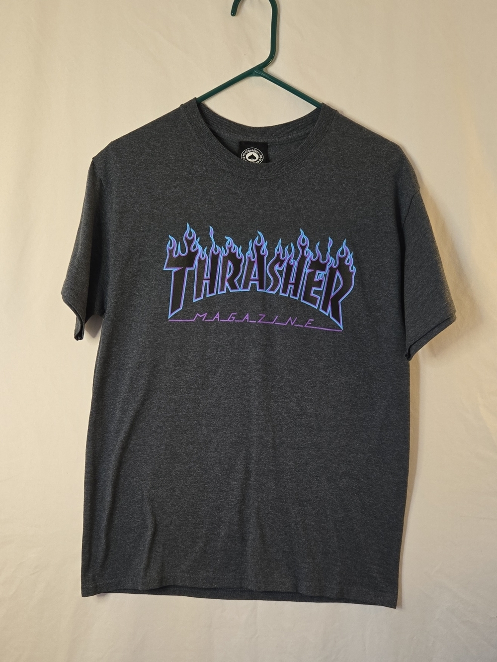 Thrasher Short Sleeve Tee in Charcoal with Blue-Purple Flame Logo
